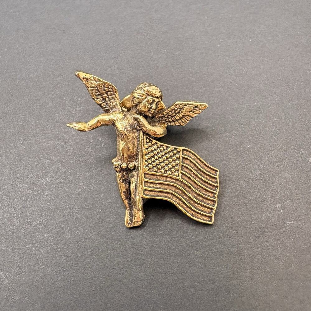 Vintage Kirks Folly American Flag USA Cherub Angel Pin Brooch Gold Tone